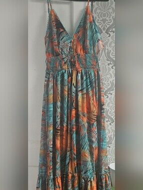 Fashion Nova Tropical Print Maxi Dress in Teal & Orange